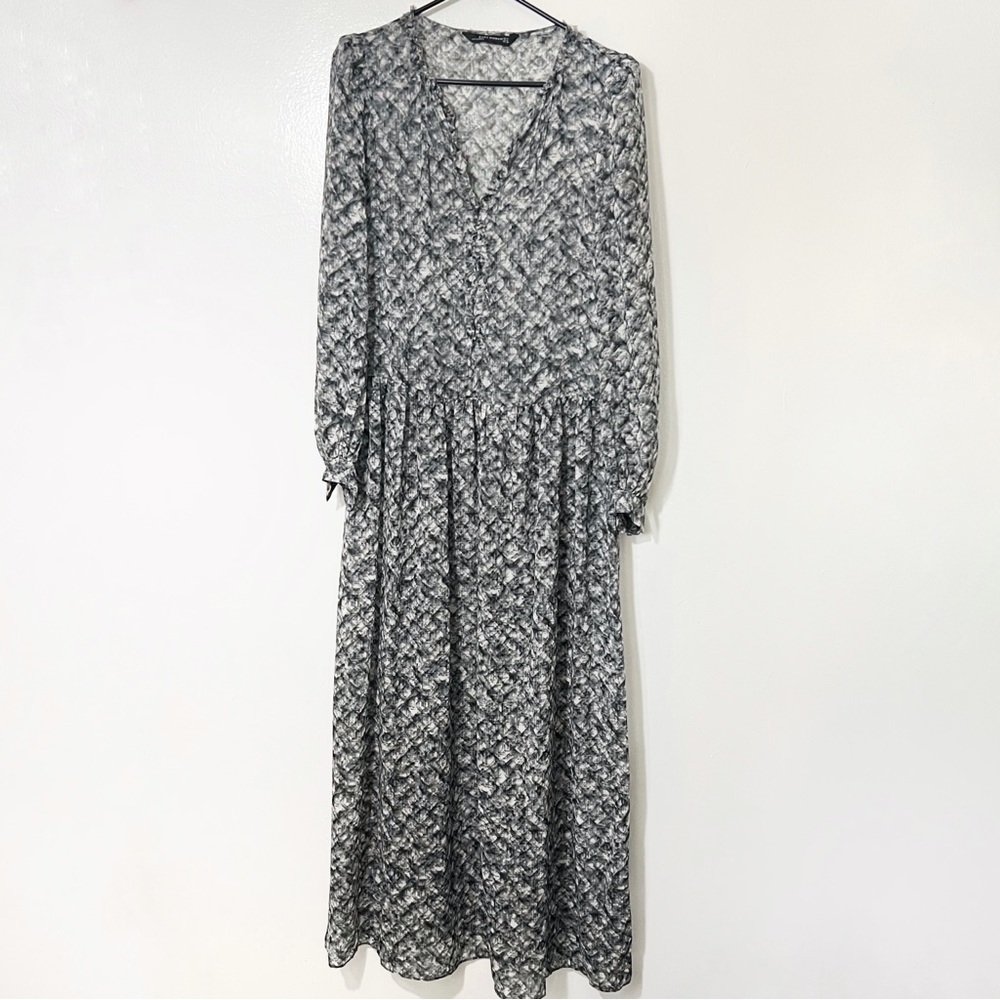 Zara Sheer Long Sleeve Front Ruffle Overlay Black White Midi Dress Sz Medium